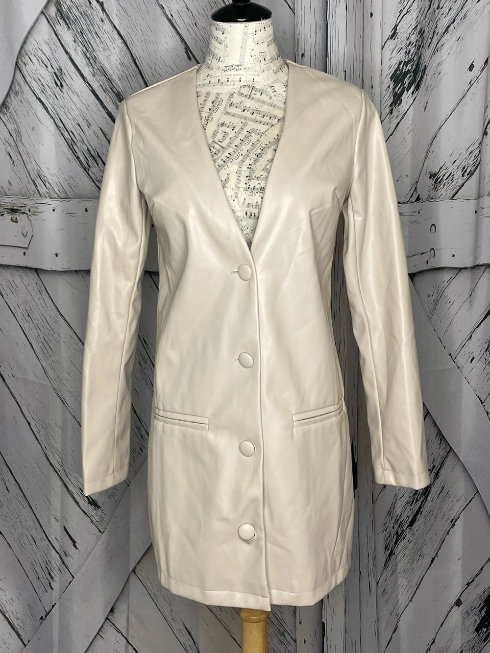 NWT Missguided Faux Leather Collarless Coat Cream Size 2
